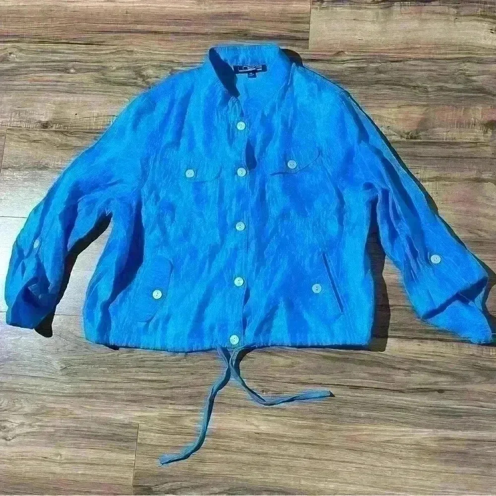 Vintage Blue Polyester Windbreaker Pullover Buttons Pockete Shirt Top Blouse XL